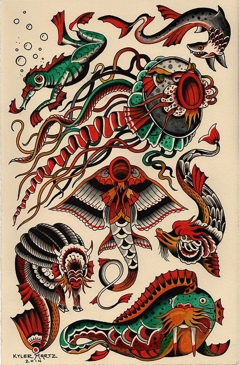 sea creature sheet | by Kyler Martz Sea Monster Tattoo, Traditional Tattoo Old School, Monster Tattoo, Sailor Jerry Tattoos, Sea Tattoo, Traditional Tattoo Sleeve, Ocean Tattoos, Old School Tattoo Designs, Traditional Tattoo Design