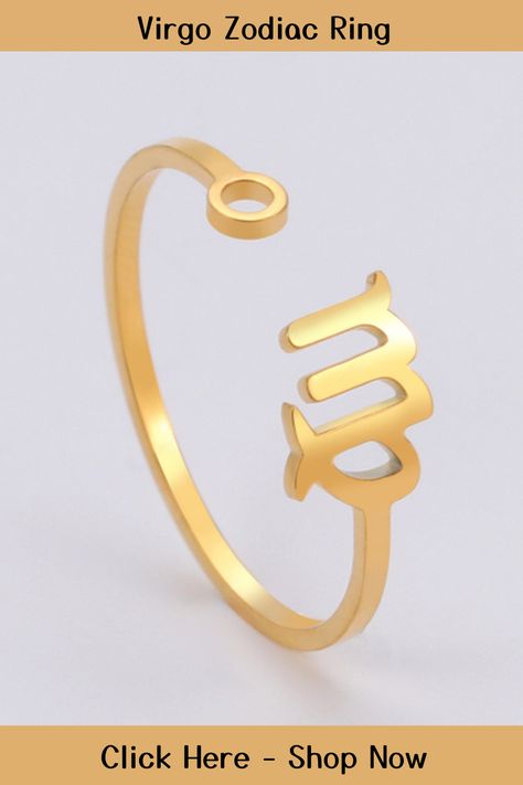 Zodiac open ring accessory featuring intricate details of the zodiac symbol "Virgo" and other relevant astrological symbols such as the ruling planet or constellation star sign. Material is made of Gold Stainless Steel. Perfect for gift ideas/horoscope/astrology enthusiasts, this ring is a great conversation starter and addition to your zodiac-inspired jewelry collection. Its high-quality materials make it a cherished piece for years to come. Click the link or "visit" to buy now on Etsy! Virgo Ring, Astrological Symbols, Vastu Tips, Zodiac Rings, Zodiac Symbols, Virgo Zodiac, Inspired Jewelry, Accessories Fashion, Star Sign