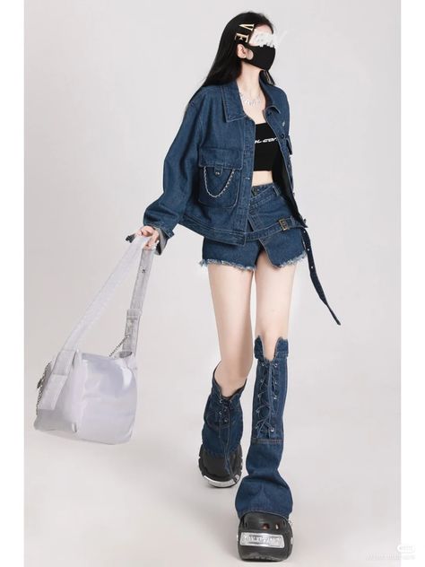 Asian Spring Fashion, Antifragile Stage Outfit, Kpop Fashion Outfits Stage, Preformance Outfits, Denim Suit, Korean Casual Outfits, Denim Boots, High Waist Shorts, Spring Fashion Trends