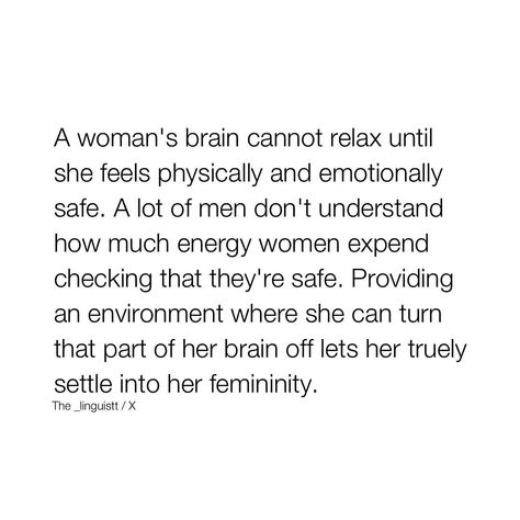 Thirdeyethirst | Creating an environment where a woman feels secure allows her to let go of that constant vigilance. This sense of safety enables her to… | Instagram When A Woman Feels Safe, Safety In A Relationship, Corny Love Quotes, Emotionally Safe, Safe Person, Practicing Self Love, Romantic Relationship, Feel Safe, Authentic Self