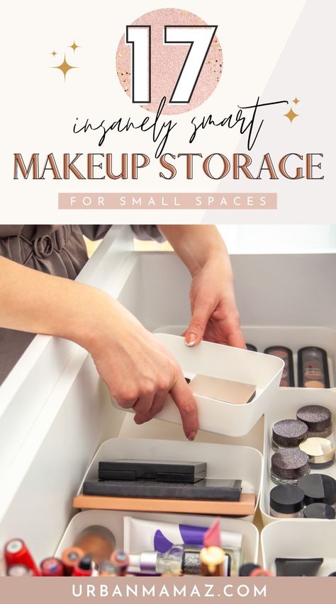 Looking for insanely smart makeup storage? Check out this ultimate list of 17 cool makeup storage ideas for small spaces. Organization Ideas For Makeup, Makeup Storage For Small Spaces, Makeup Organizing Hacks, Makeup Storage Ideas, Makeup Organizing, Storage Ideas For Small Spaces, Cool Makeup, Office Organization At Work, Product Storage