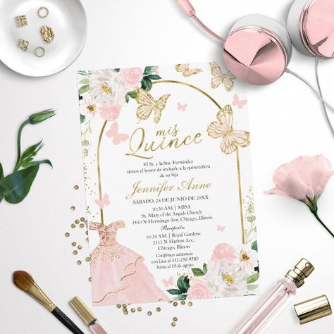 Blush Butterfly Spanish Quinceanera Invitations for $2.77 - Quinceanera Invitations Xv Invitations, Butterfly Spanish, Butterfly Quince, 15 Invitations, Blush Floral Dress, Invitations Quinceanera, Invitations Pink, Quince Invitations, Butterfly Invitations