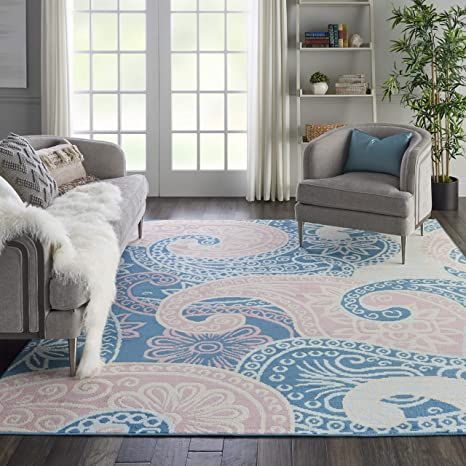 Nourison Jubilant Retro Bohemian Blue Area Rug 7'10" x 9'10", 8' x 10 Contemporary Color Palette, Blue Floor, Modern Color Palette, Ashley Furniture Homestore, Coastal Furniture, Rug Direct, New Looks, Blue Area Rug, Blue And Grey