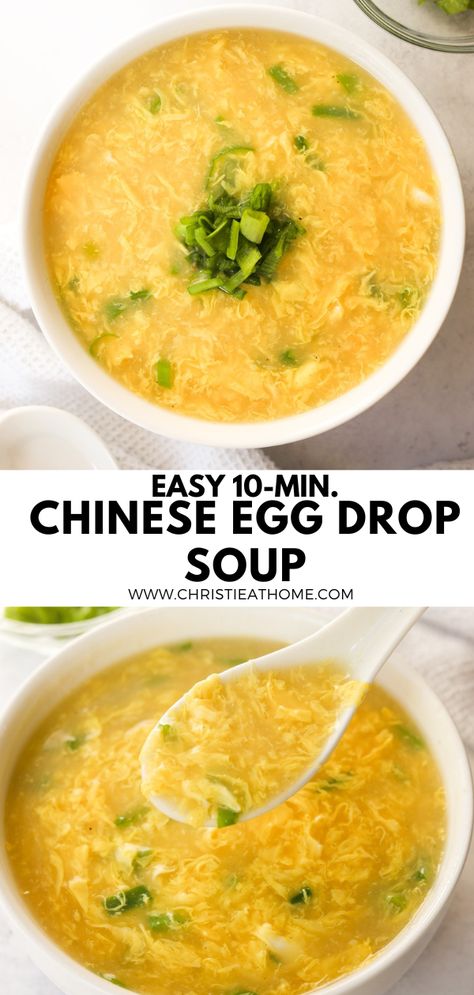 Easy 10-min. Egg Drop Soup. A delicious soup made of hot chicken broth with silky eggs seasoned with sesame oil and green onions. A popular soup in Chinese cuisine. Egg Drop Soup Easy, Chinese Egg Drop Soup, Egg Soup Recipe, Homemade Egg Drop Soup, Chinese Soups, Asian Soup Recipes, Chinese Soup Recipes, Glo Girl, Chinese Egg