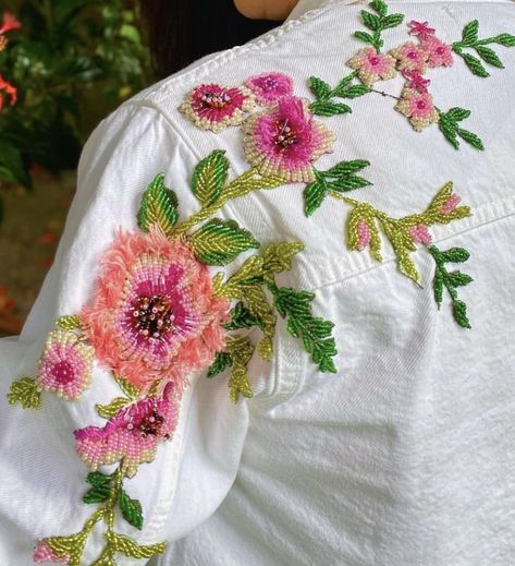 Embroidery Fashion Detail, Diy Bead Embroidery, Bead Embroidery Tutorial, Diy Embroidery Patterns, Embroidered Denim Jacket, Embroidery Neck Designs, Hand Embroidery Flowers, Hand Work Blouse Design, Embroidery Motifs