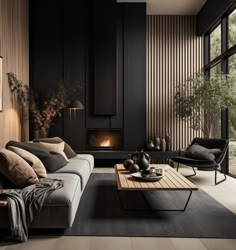 Black And Grey Living Room Modern, Modern Wabi Sabi Interiors Living Room, Black Japandi Interiors, Dark Media Wall, Dark Japandi Living Room, Dark Organic Modern, Dark Japandi Interiors, Organic Modern Dark, Moody Minimalist Living Room