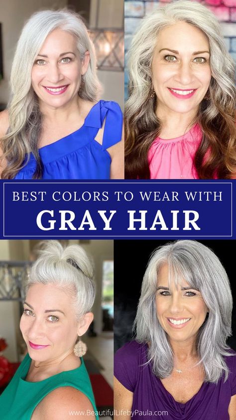 Best colors to wear with white, gray, silver or platinum hair. Also learn your skin undertone so you know what clothing colors will look best on you! | gray hair tips | gray hair fashion | silver hair tips | over 50 fashion Grey Hair And Glasses, Grey Hair With Bangs, Long Silver Hair, Silver White Hair, Grey Hair Over 50, Grey White Hair, White Hair Color, Beautiful Gray Hair, Gray Hair Growing Out