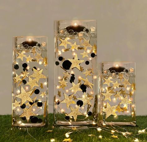 Amazon.com: Floating Stars Glitter Gold-Fills 1 Gallon for Your Vases-Including Transparent Water Gels Kits for Floating Look-with 3 Warm White Submersible Fairy Lights-Stunning Vase Decorations : Clothing, Shoes & Jewelry Blue And Gold Centerpieces For Party, New Year Centerpieces, Gold Fairy Lights, Gold Table Centerpieces, Gold Party Decor, Vase Decorations, Glitter Centerpieces, 30th Birthday Bash, Galaxy Wedding