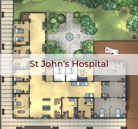 Here is a hospital battlemap to use when you need somebody to heal you Hospital Battlemap, Hospital Rpg Map, Prison Architect, Dnd Battle Maps, Unanswered Prayers, Abandoned Hospital, Psychiatric Hospital, Free Maps, Hospital Staff