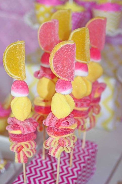 Pink Lemonade Stand, Lemonade Stand Birthday Party, Lemonade Stand Birthday, Lemonade Stand Party, Pink Lemonade Party, Candy Kabobs, Lemonade Party, Wedding Shower Decorations, Candyland Party