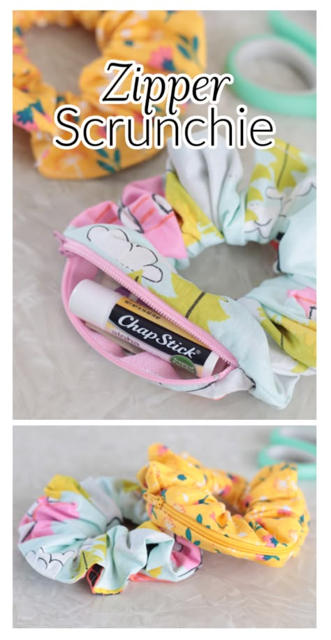 Make a stash scrunchie with a zipper! Adding a hidden zipper to a scrunchie turns it into a pocket to hold a key, chapstick, money, and more! Hidden Pocket Scrunchie, Scrunchies With Zipper, Scrunchie With Zipper, Scrunchie Keychain Diy, Scrunchy Pattern, Zipper Pulls Diy, Pocket Scrunchie, Bag Holder Pattern, Sew Gifts