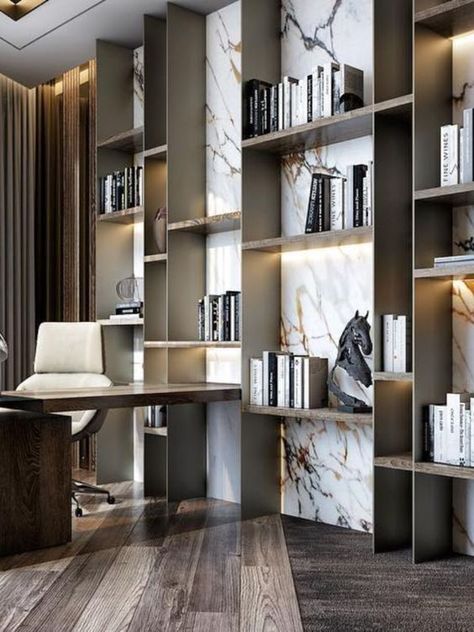 Home Office Interior Design Floating Shelves Library Bookshelves, Living Room Shelves Decor Ideas, Office Shelves Ideas, Library Wall Design, Library In Living Room, His And Her Office Space Home, Living Room With Library, Cabinets In Living Room, Modern Shelving Ideas