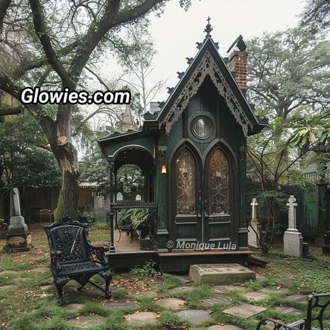 Gothic She Shed, Goth Tiny House, Gothic Tiny House, Trinket Ideas, Airbnb Cottage, Lottery Dreams, Tiny Home Shed, Garden Follies, Gothic Manor