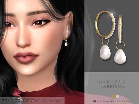 Pearl Gold Earrings, Sims 4 Piercings, Mod Earrings, Sims 4 Black Hair, Play Sims 4, Pearl Earring Set, Pelo Sims, Gold Leaf Necklace, The Sims 4 Packs