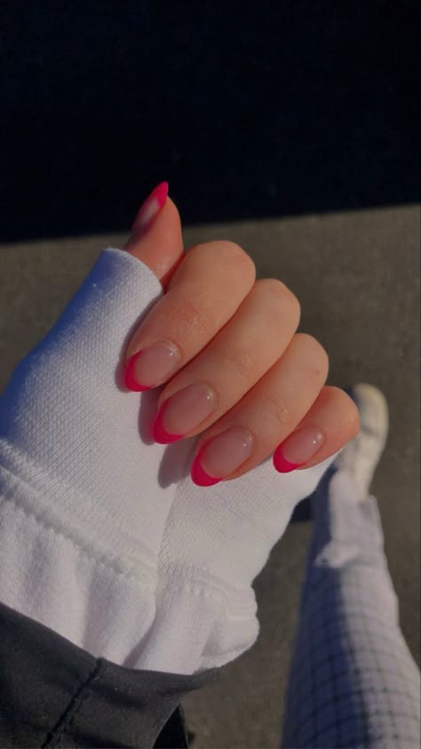 Hot Pink Tips Acrylic Nails, Hot Pink French Tip Nails Short, Hot Pink French Tip Nails Almond, Hot Pink Tip Nails, Ems Nails, Short Pink French Tip Nails, Short Hot Pink Nails, Hot Pink Manicure, Hot Pink French Tips