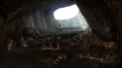 ArtStation - Cave city Cave House Concept Art, Fantasy Cave Home, Fantasy Cave Concept Art, Cavern City, Cave City Fantasy Art, Cave City Concept Art, Cave Lair Concept Art, Cave Entrance Fantasy Art, Cave Hideout