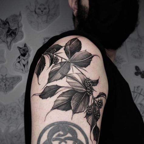 Blackberry Plant Tattoo, Dark Leaves Tattoo, Dark Botanical Tattoo, Blackberry Tattoos, Blackberry Branch Tattoo, Mulberry Tattoo, Blackberries Tattoo, Botanical Blackwork, Dark Flower Tattoo