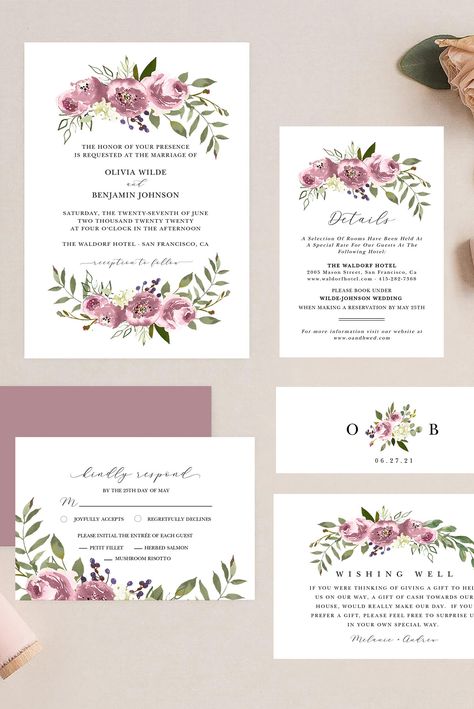 Mauve Wedding Invites, Mauve Wedding Invitations, Boho Wedding Invite, Winter Barn Weddings, Template Wedding Invitation, Wedding Invite Template, Invite Suite, Wedding Invitation Etiquette, Mauve Wedding