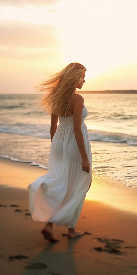 beautiful woman in white dress Beach Dress Photoshoot Photo Ideas, White Dress Beach Photoshoot, White Dress Pictures, Long White Flowy Dress, Golden Hour Beach Photoshoot, Beach Dress Photoshoot, White Beach Outfit, Sunset Photoshoot Ideas, Peaceful Water