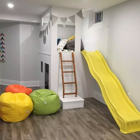 Playroom Slide, Indoor Playroom, Extra Space Storage, Dream Basement, Basement Playroom, Basement Living Rooms, Kids Basement, Cozy Basement, Kids Playroom Decor