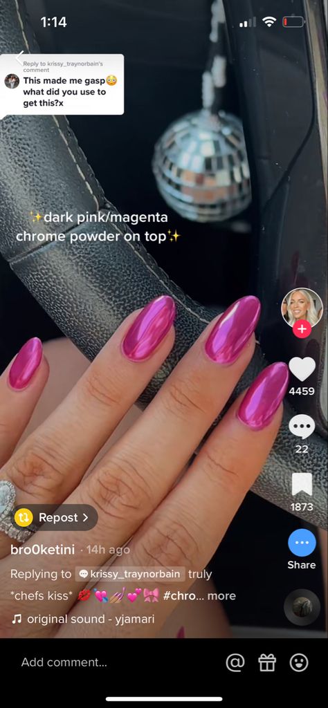 Hot Pink Magenta Nails, Magenta Valentine Nails, Cute Magenta Nails, Magenta Nail Art Design, Hot Pink Chrome Acrylic Nails, Sparkly Magenta Nails, Hot Magenta Nails, Homecoming Nail Ideas Simple, Prom Nails Magenta