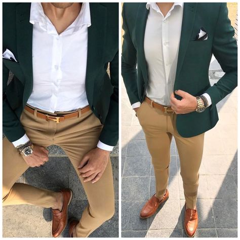 Green Jacket Tan Pants Men, Men Sage Green Outfit, Tan Khakis Outfit Men, Green And Khaki Outfit Men, Green Formal Pants Outfit, Green Formal Outfit Men, Tan Blazer Outfits Mens, Green Blazer Outfit Men, Khaki Outfit Men