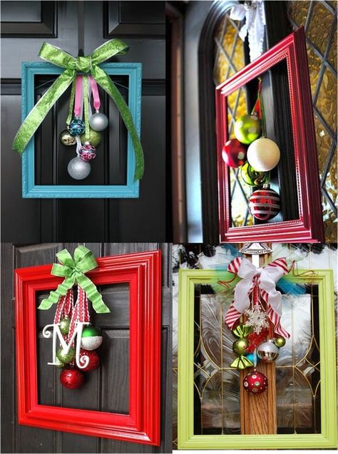 Christmas Frames Diy, Picture Frame Wreath, Diy Christmas Door, Christmas Picture Frames, Xmas Deco, Navidad Christmas, Christmas Frames, Indoor Christmas Decorations, Easy Christmas Diy