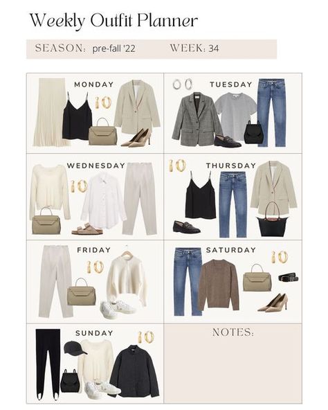 7 Days Capsule Wardrobe Autumn, Weekly Outfit Planner, Staple Outfits, Classic Chic Outfits, Minimalist Wardrobe Capsule, Capsule Wardrobe Casual, Outfit Planner, Dress Down Day, 2023 Outfits