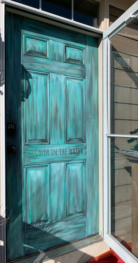 Turquoise Farmhouse Living Room, Painted Steel Door, Turquoise Painted Furniture, Painting Doors, Playhouse Plan, Teal Door, Country Living Decor, Painted Furniture Designs, Texas Home Decor