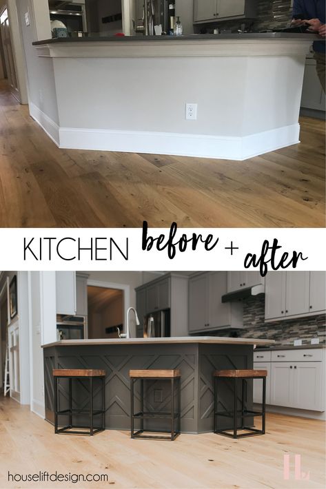 An inexpensive way to give your kitchen peninsula an awesome update that's also functional! No more dirty feet marks on the drywall. We added a custom designed trim and then had it painted a dark color in a satin paint finish. Added a few counter stools and it's a whole new look! Click to check out more photos of this home. Kitchen Island Makeover, Kitchen Peninsula, Серая Кухня, Kitchen Storage Hacks, Diy Kitchen Renovation, Organizing Hacks, Inspiration Kitchen, Makeover Ideas, Kitchen Redo