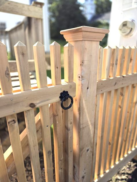 A New Picket Fence - One Hundred Dollars a Month 2x2 Picket Fence, Picket Driveway Gate, Picked Fence Ideas, Picket Fence Ideas, Flower Gate, Picket Fence Gate, Homestead Tips, Wood Picket Fence, Gate Pull