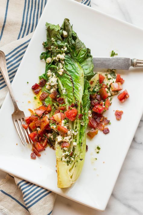 Grilled Romaine Wedge Salads with Blue Cheese Vinaigrette (Video!) Romaine Wedge Salad, Wedge Salads, Blue Cheese Vinaigrette, Grilled Romaine, Wedge Salad, Salad Recipes Video, Bacon Tomato, Summer Grilling Recipes, Vinaigrette Recipes