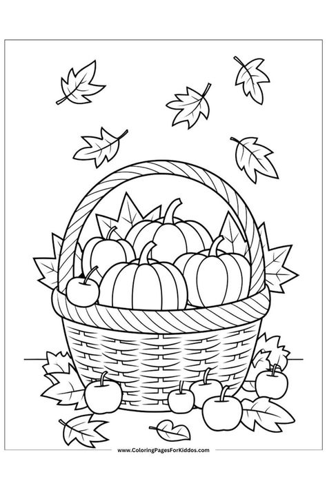 A basket filled with pumpkins and apples, with Fall leaves floating around. November Colouring Pages, Fall Coloring Pages Preschool, Thanks Giving Coloring Page, Fall Color Sheets, Fall Coloring Sheets Free Printable, Cute Fall Coloring Pages, Fall Coloring Pages Free Printable, November Coloring Pages, Free Printable Fall Coloring Pages