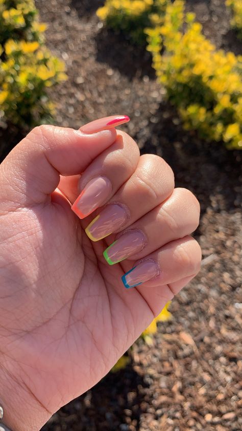 Nail Ideas Rainbow Tips, Clear Nails With Coloured Tips, Multicolored Tips Nails, Different Color Tips Nails Acrylic, French Colors Nails, Colorful French Tip Nails Dip, Colored Tips Nails Square, Bright Colored Tips Nails, Colourful French Tips Nails