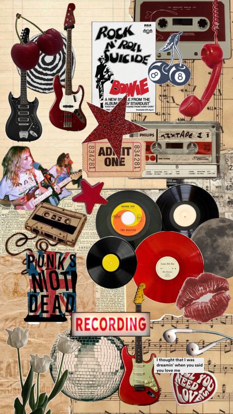 Aesthetic Rock And Roll, 80s Rock Aesthetic, Rock Collage, Rock N Roll Aesthetic, Rock Aesthetic, Music Collage, 80s Rock, 80s Music, Journal Themes