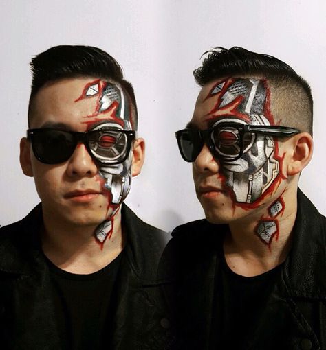 Terminator Makeup  Instagram:@ashleytiopoartistry www.ashleytiopoartistry.com Terminator Makeup Halloween, Terminator Makeup, Terminator Costume, Robot Makeup, Red Eye Makeup, Hand Drawings, Makeup Tutorial Step By Step, Diy Robot, Makeup Easy