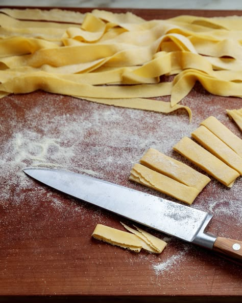 Fresh Pappardelle | The flat egg noodles known as pappardelle are like a wider fettuccine. The ribbony pasta is the perfect canvas for a homemade sauce like like Grandma's Bolognese. #food #recipe #marthastewart #pasta Pappardelle Recipe, Pappardelle Pasta, Egg Pasta, Homemade Noodles, Pasta Dough, Pasta Maker, Fresh Pasta, Egg Noodles, Homemade Pasta