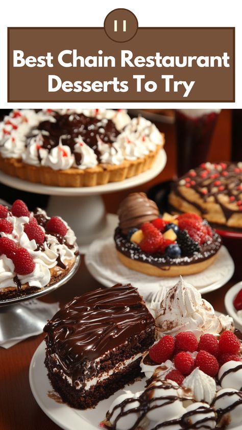 A variety of popular chain restaurant desserts, including chocolate cakes, ice cream sundaes, and fruit pies arranged on a table. Desserts For Restaurants, Restaurant Desserts Ideas, Salted Caramel Cookie Skillet, Banana Spring Rolls, Restaurant Desserts, Unique Treats, Vanilla Cream Cheese Frosting, Dessert Restaurants, Cola Cake