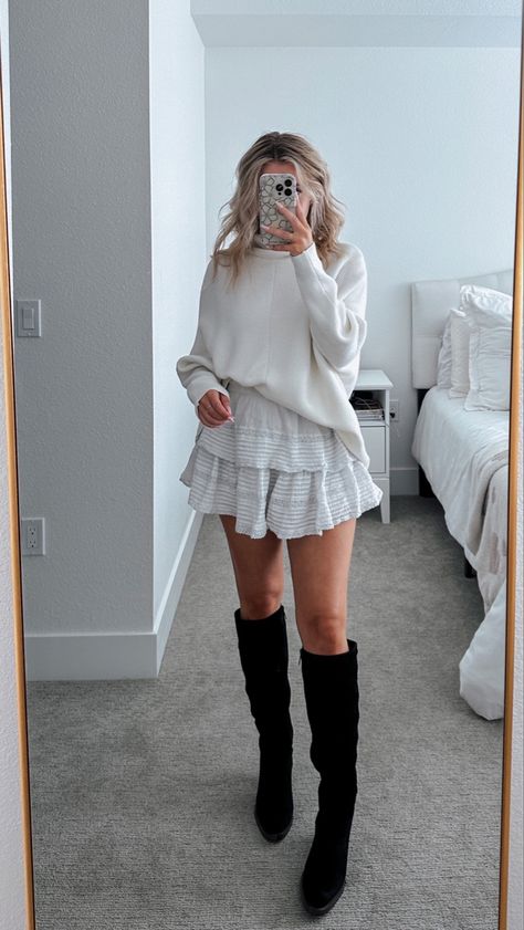 Sweater Over Sundress Outfit, Ruffle Skirt Sweater Outfit, Flowy Skirt And Sweater Outfit, Sweater And Dress Layering Outfit Ideas, Family Photo Outfits All Black, Fall Dress Outfit Formal, Black Skirt With Sweater Outfit, Short Skirt Boots Outfit, White Ruffle Skirt Outfit Ideas