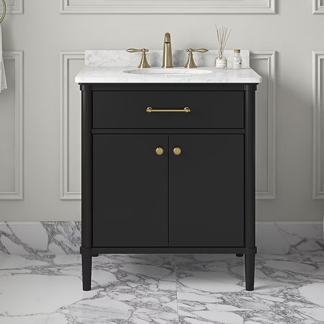 allen + roth Rian 30-in Onyx Black Undermount Single Sink Bathroom Vanity with White Engineered Marble Top in the Bathroom Vanities with Tops department at Lowes.com Small Bathroom Vanity Black, Small Sink Vanity Storage, 42 In Bathroom Vanity, Black Bathroom Vanity With Gold Hardware, Small Bathroom Ideas Black Vanity, 30” Bathroom Vanity Ideas, Half Bath Black Vanity, 30” Bathroom Vanities, Small Vanities For Small Bathrooms