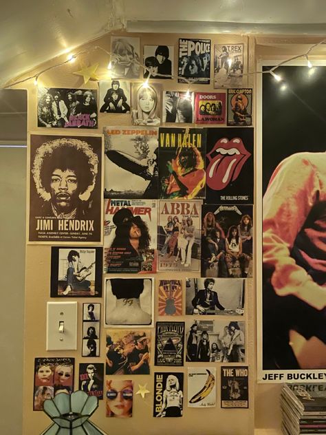 70s Rock Bedroom Aesthetic, Rock And Roll Bedroom Ideas, Rockstars Girlfriend Bedroom, Rockstar Girlfriend Aesthetic Bedroom, Rock Themed Bedroom, Music Wall Collage, Rock Aesthetic Room, Music Lover Bedroom, Rockstar Gf Bedroom