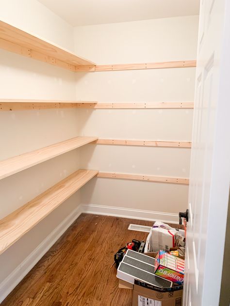 Shelves For Pantry, L Shaped Pantry, Making Shelves, Diy Pantry Shelves, Pantry Renovation, L Shaped Shelves, Wooden Pantry, Pantry Shelves, Diy Dresser Makeover