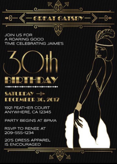 1920 Party Invitations, Great Gatsby Birthday Invitation, 1920 Invitation Ideas, Roaring 20s Invitation Ideas, Flapper 30th Birthday, End Of My Roaring 20s Party, Roaring 20s Party Invitation, Great Gatsby 30th Birthday Party, Roaring 30s Birthday Party