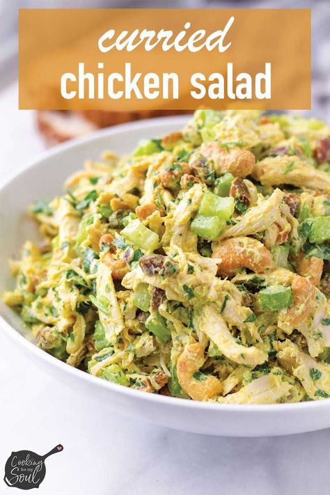 Curried Chicken Salad! This quick and easy curried chicken salad is made with tender chicken breast, raisins, cashews, herbs, celery, and a delicious yogurt-based curry dressing. It's such a great lunch idea! #cookingformysoul Curry Dressing, Curried Chicken Salad, Great Lunch Ideas, Rotisserie Chicken Breast, Curried Chicken, Chicken Curry Salad, Tender Chicken Breast, Lunch Idea, Cook Chicken Breast