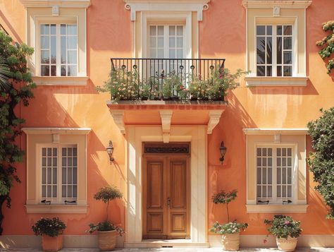 3+ Pastel Color Schemes for Homes Exterior to Soften Your Streetscape • 333+ Art Images Apricot House Exterior, Peach Color House Exterior, Pink Stucco House, Peach House Exterior, Converted Shed, Stucco Homes, Pastel Color Schemes, House Exterior Colors Schemes, Homes Exterior