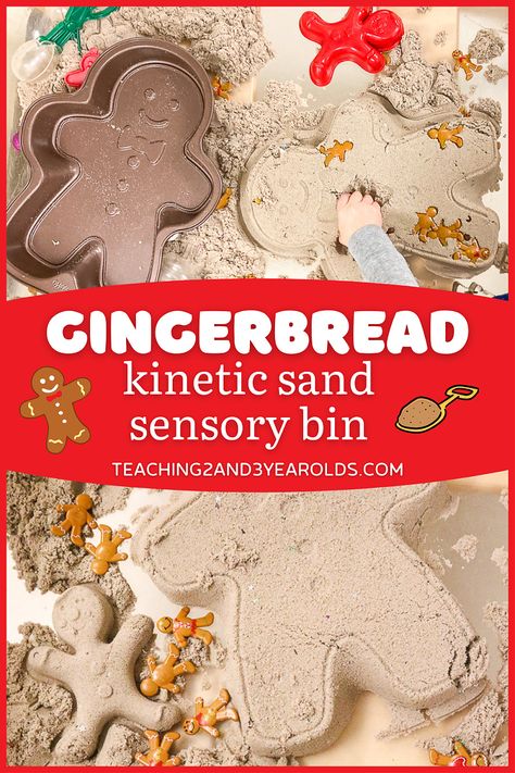 Put together a gingerbread sensory table with molds and kinetic sand while also working on fine motor skills. A nice addition to your gingerbread and Christmas theme! #gingerbread #Christmas #sensory #sand #finemotor #play #toddlers #preschool #2yearolds #3yearolds #teaching2and3yearolds Gingerbread Sensory Table, Gingerbread Sensory Bin, Gingerbread Sensory, Gingerbread Activities Preschool, Gingerbread Man Book, Christmas Activities For Toddlers, Gingerbread Man Activities, Gingerbread Activities, Preschool Christmas Activities