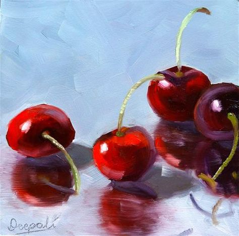 Daily+Paintworks+-+"Cherries"+-+Original+Fine+Art+for+Sale+-+©+Dipali+Rabadiya Boho Canvas Art, Cherries Painting, Arte Doodle, Diamond Drawing, Fruit Painting, Textured Canvas Art, Daily Painting, Painting Still Life, Abstract Line Art