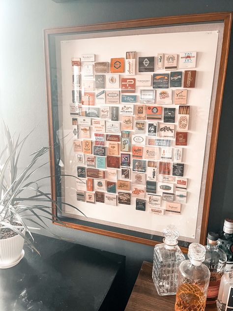 Shadow Box Of Memories, Match Box Display Ideas, Match Box Frame, Matches Collection Display, Matchbox Display Ideas, Shadow Box Matches, Match Box Wall Art, Matchbox Collection Display, Matchbox Wall Art