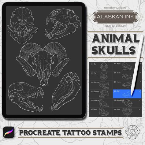 ✅CLICK THE LINK!⬆️ Download this FREE procreate brush set featuring 10 hand-drawn animal skulls perfect for adding spooky details to your illustrations. #procreate #procreatebrushes . #Tiger_Stencil #Tattoo_Stamp #Animal_Skull_Tattoos #Tattoo_Skulls Tattoo Stamps Procreate, Tiger Stencil, Tattoo Skulls, Procreate Tattoo, Linework Tattoo, Create A Tattoo, Geometric Flowers, Create Your Own Tattoo, Brushes Procreate