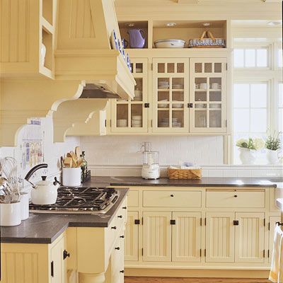 . Bead Board Cabinets, Pale Yellow Kitchens, Yellow Kitchen Cabinets, Kitchen Yellow, Yellow Cabinets, New Kitchen Cabinets, Yellow Kitchen, Upper Cabinets, Trendy Kitchen